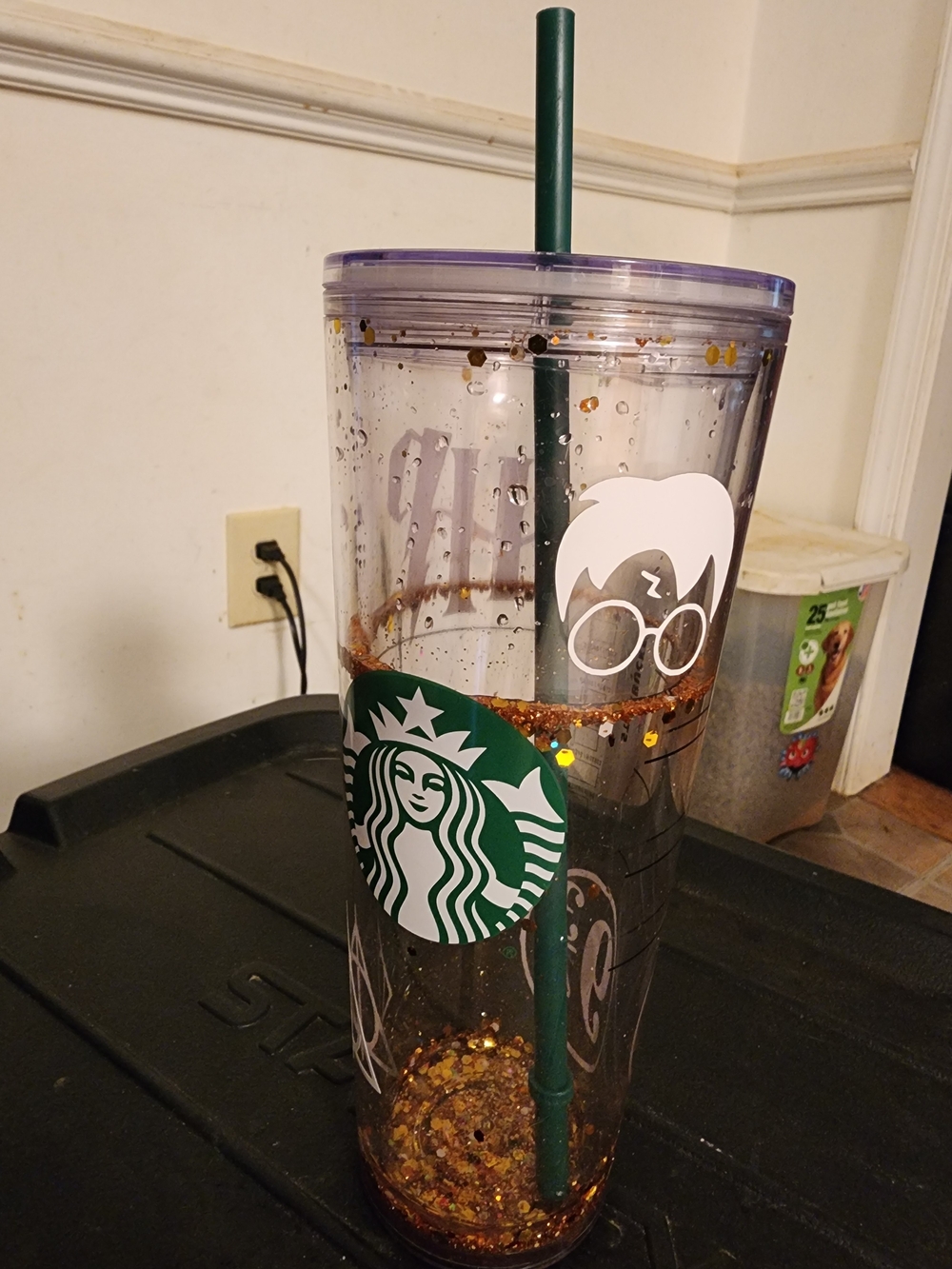 Starbucks Clear Tumbler with Gold Glitter and Green Logo